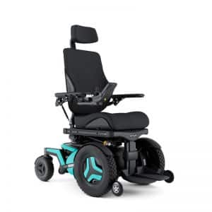 Power wheelchair facing left with two blue wheels on each side