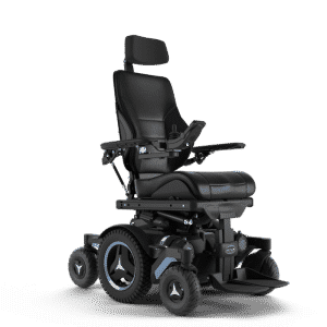 Power wheelchair facing to the right 3 wheels on each side